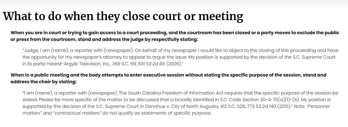 SC Press Association guidance for objecting to closed meetings